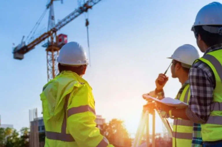 Équipe de chantier avec casques de sécurité devant une grue en Sarthe — coordination SPS réalisation